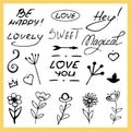 Collection of handwritten slogans or phrases and hand drawn decorative design elements in trendy doodle Royalty Free Stock Photo